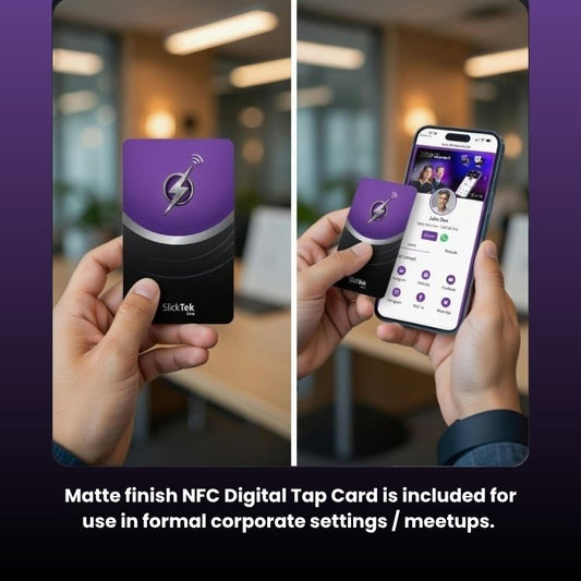 Matte SlickTek One NFC card included with Zip-Tap wallet, tapped to a phone at a meetup
