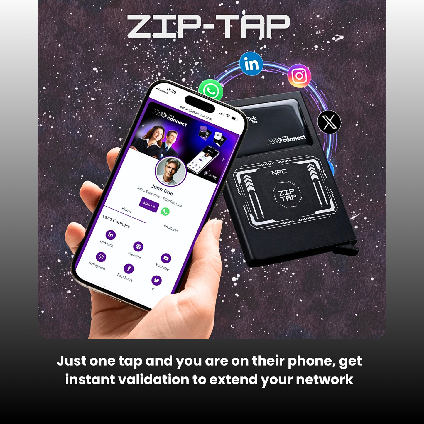 Hand holding a phone with a networking app and a ZIP-TAP device against a starry space background.